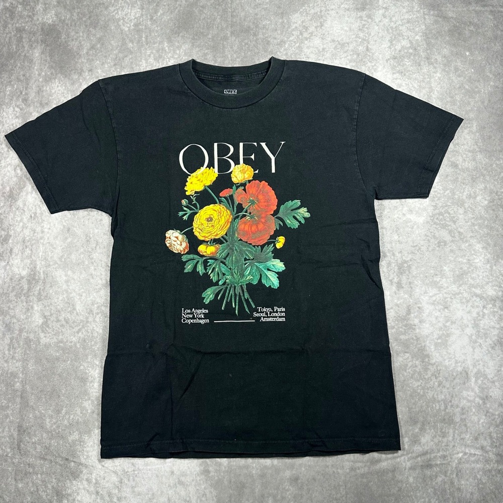 Obey Mens M Black Floral Bouquet Graphic T-Shirt Short Sleeve Crewneck Skater